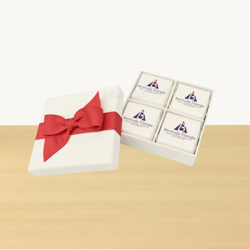 Set of 15 Corporate branded chocolate 4piece hard box with matching ribbon.