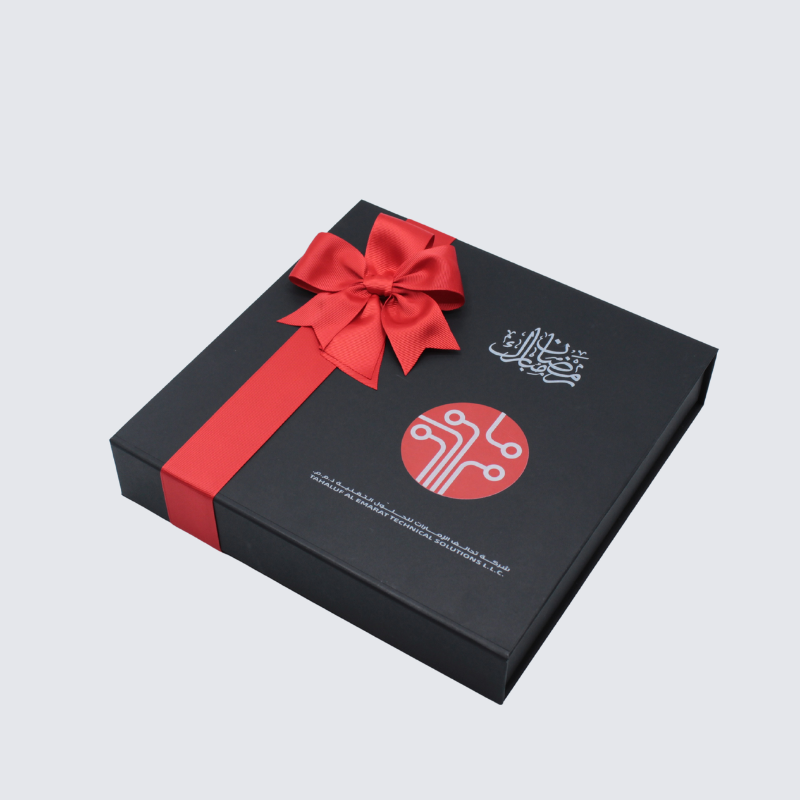 Corporate branded premium chocolate magnetic printed hard box with matching ribbon.