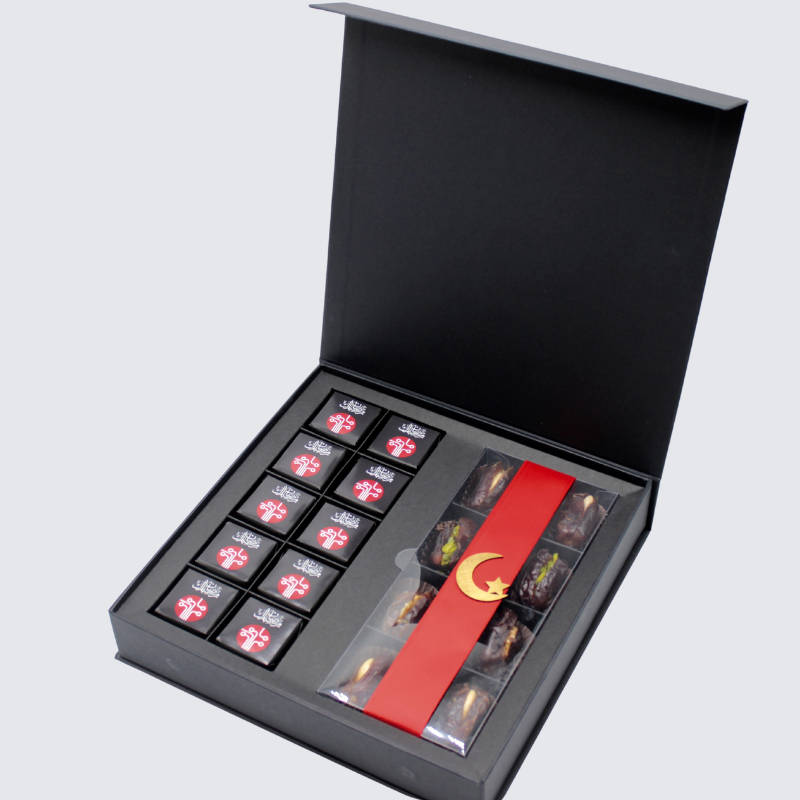 Corporate branded premium chocolate magnetic printed hard box with matching ribbon.