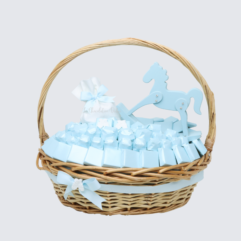 Luxury baby boy rocking horse decorated chocolate basket