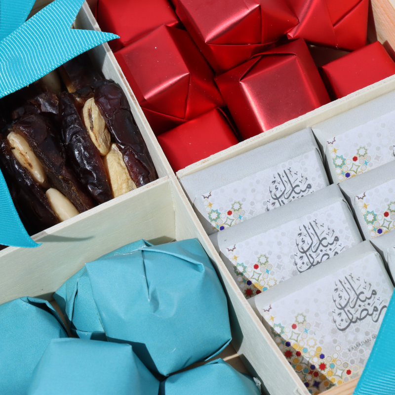 Ramadan mubarak designed chocolate & dates sectioned wood tray