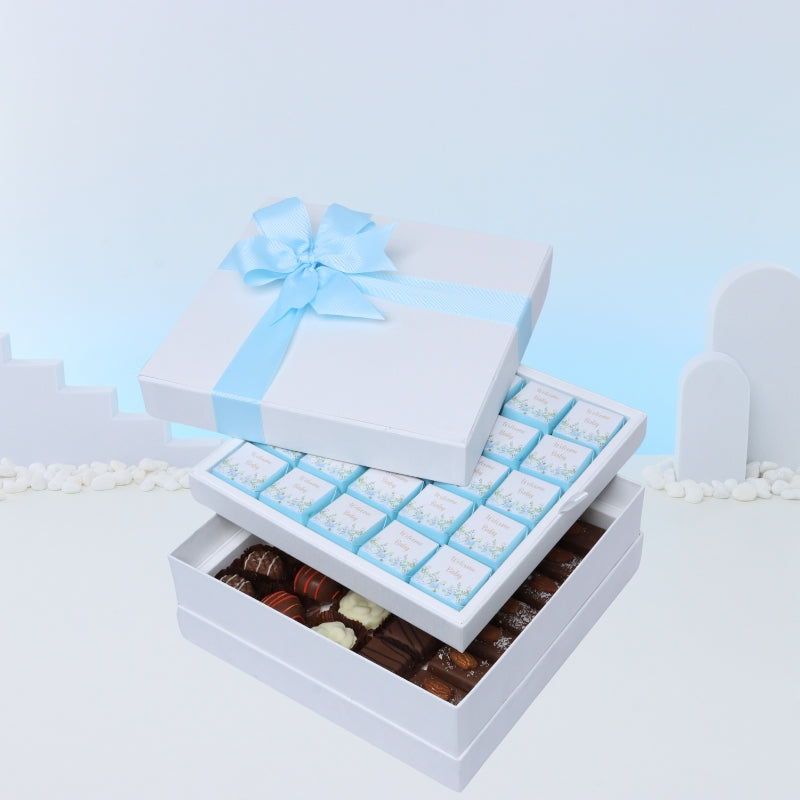 Baby boy "welcome baby" flower designed 2-layer chocolate hard box