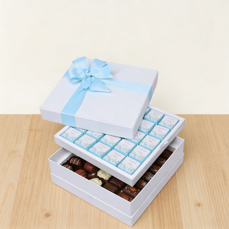 Baby boy "welcome baby" flower designed 2-layer chocolate hard box