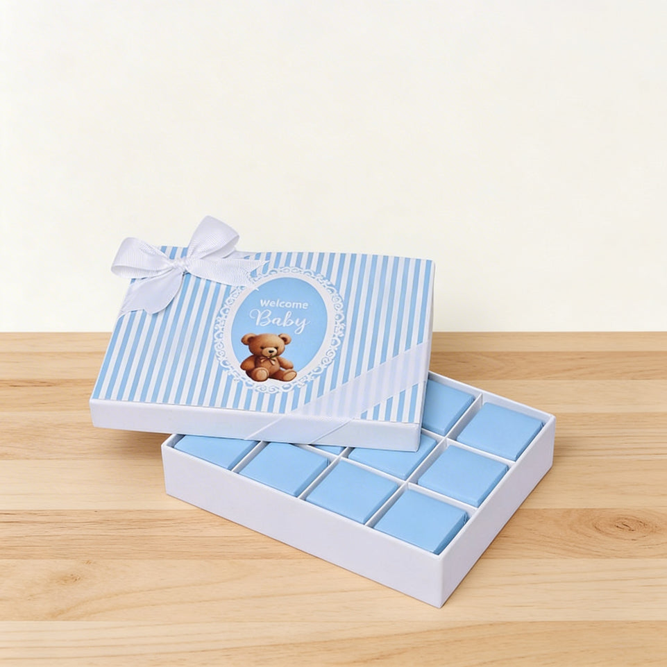 Baby boy " welcome baby " teddy designed 12-piece chocolate hard box