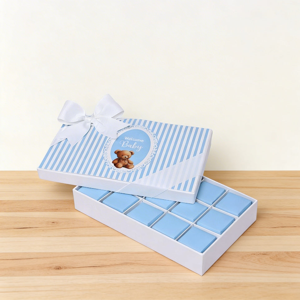 Baby boy "welcome baby" teddy designed 15-piece chocolate hard box