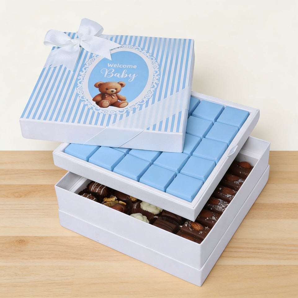 Baby boy "welcome baby" teddy designed 2-layer chocolate hard box