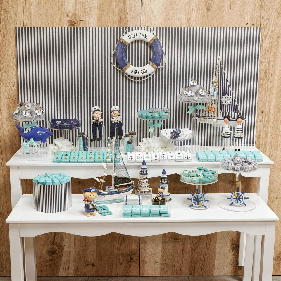 Baby boy nautical theme decorated chocolate wood stand