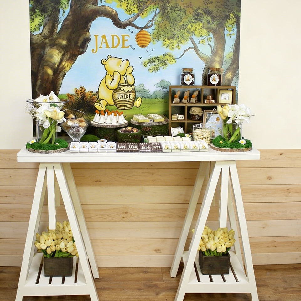 Baby boy "winnie the pooh" theme chocolate wood stand for rent.