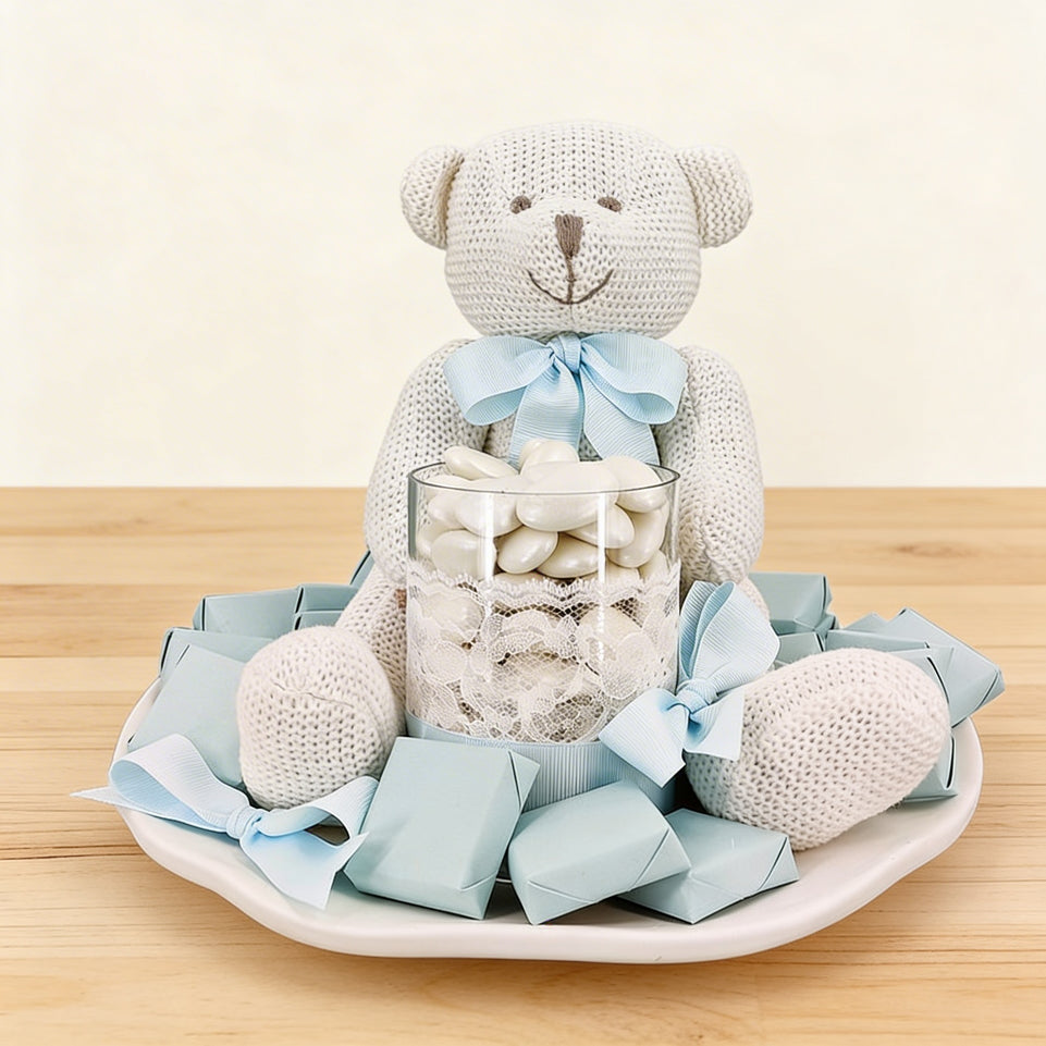 Baby boy teddy decorated chocolate & almond dragees ceramic plate