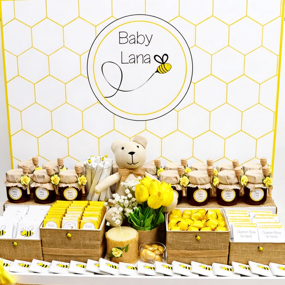 Baby bee theme personalized chocolate wood stand with personalized backdrop.