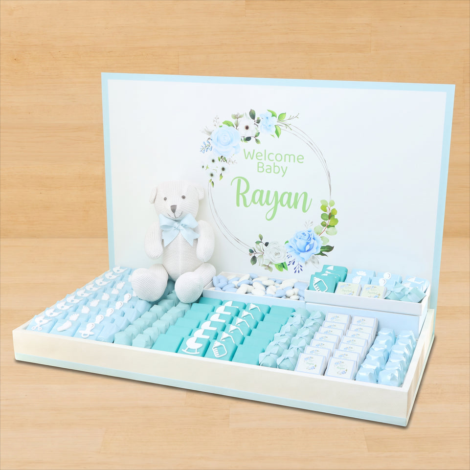 Baby Boy personalized premium chocolate large leather tray with acrylic backdrop