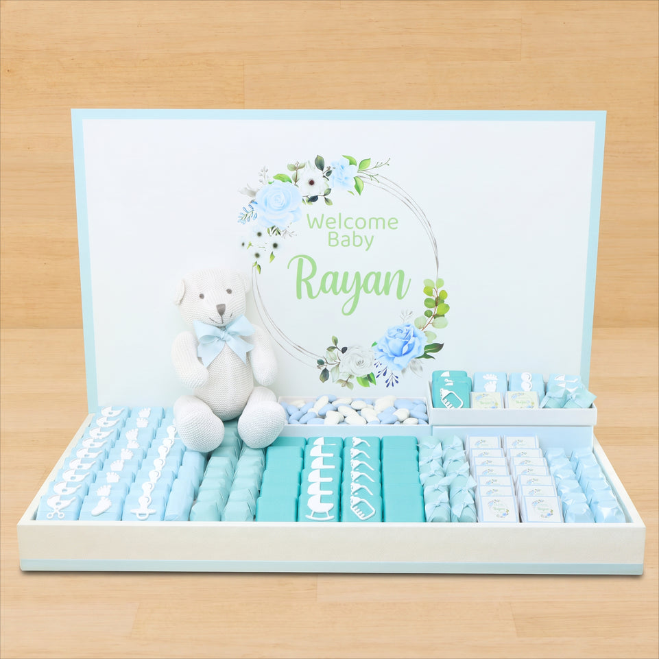 Baby Boy personalized premium chocolate large leather tray with acrylic backdrop