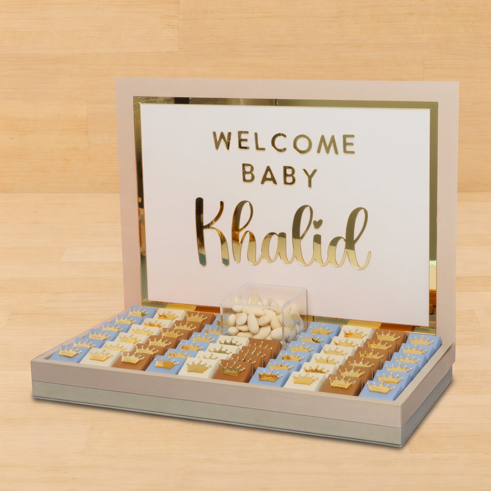Baby boy crown decorated chocolate medium leather tray with gold foil acrylic personalized designed backdrop