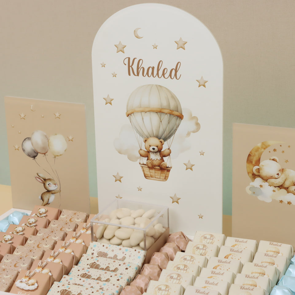 Baby Air balloon team with acrylic backdrop chocolate medium leather tray