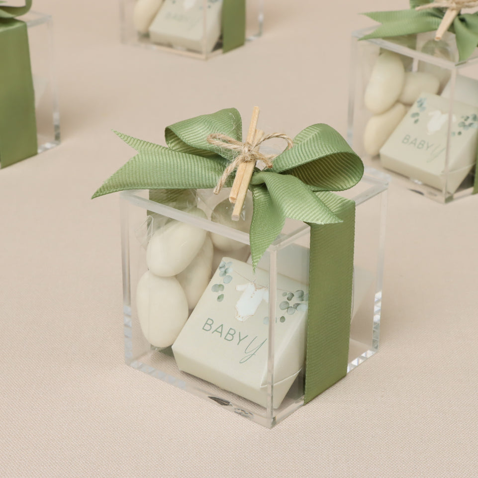 Set of 20 Baby sage green chocolate & almond dragees acrylic box