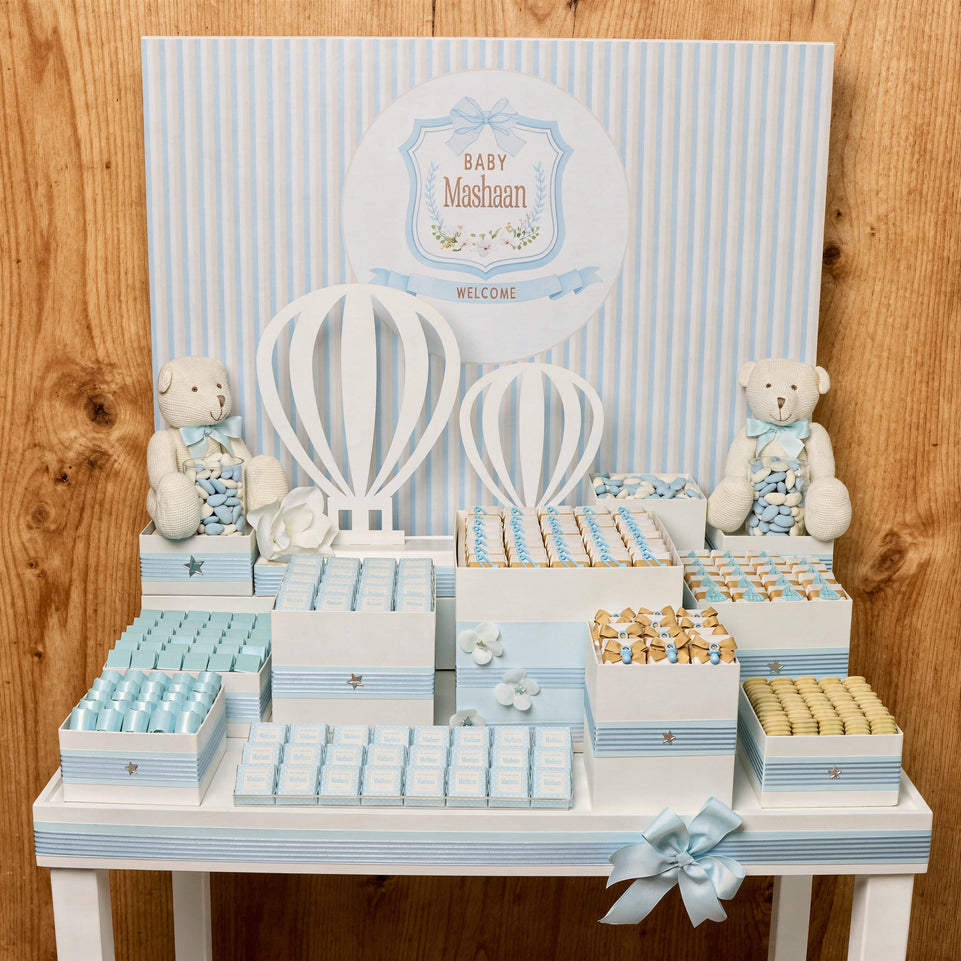 Baby boy personalized premium chocolate arrangement stand with personalized backdrop