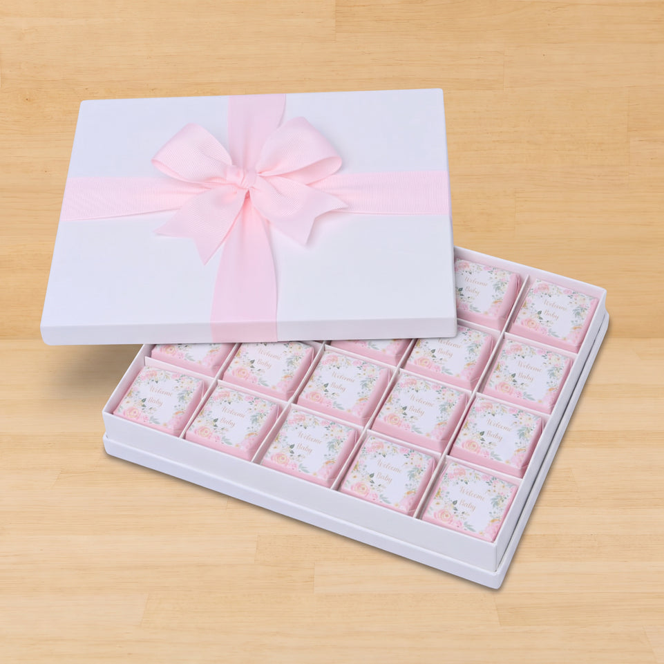 Welcome baby girl flower designed 20-piece chocolate hard box
