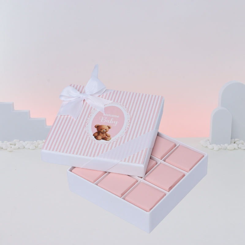 Welcome baby girl teddy designed 9-piece chocolate hard box