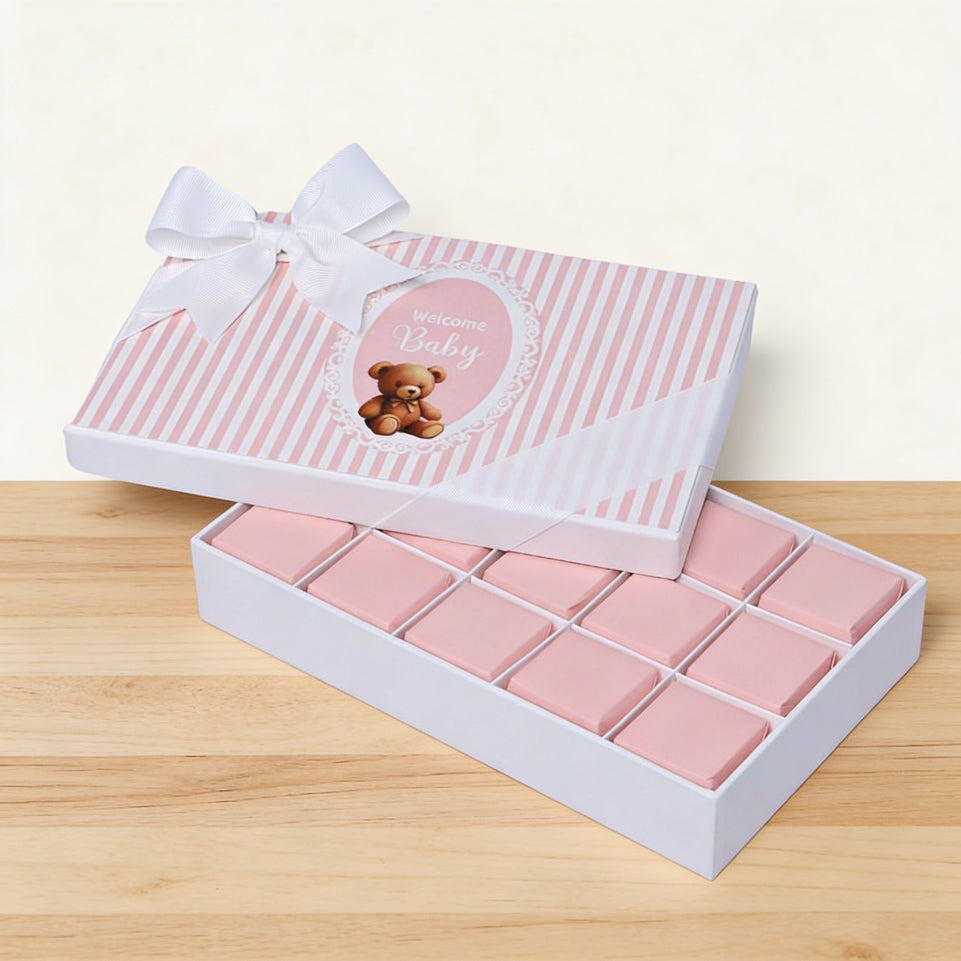 Welcome baby girl teddy 15-piece designed chocolate hard box