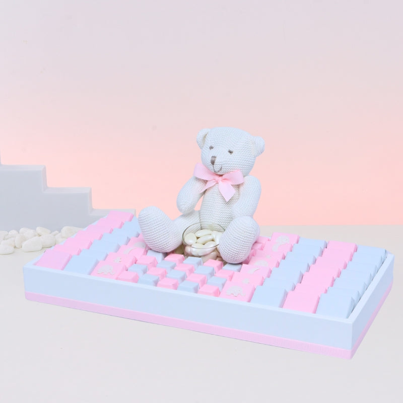 Baby girl glittery decorated chocolate & teddy plush toy medium leather tray