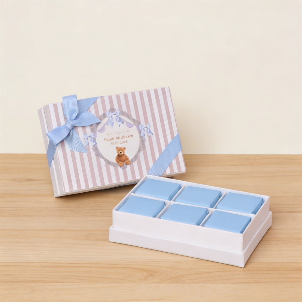 Set of 20 Baby boy teddy designed premium chocolate 6-piece hard box with ribbon