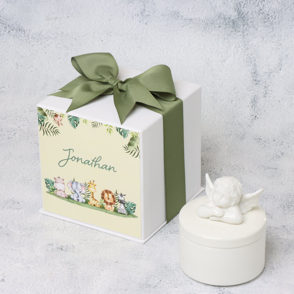 Baby Safari theme angel box giveaway in customized hard box