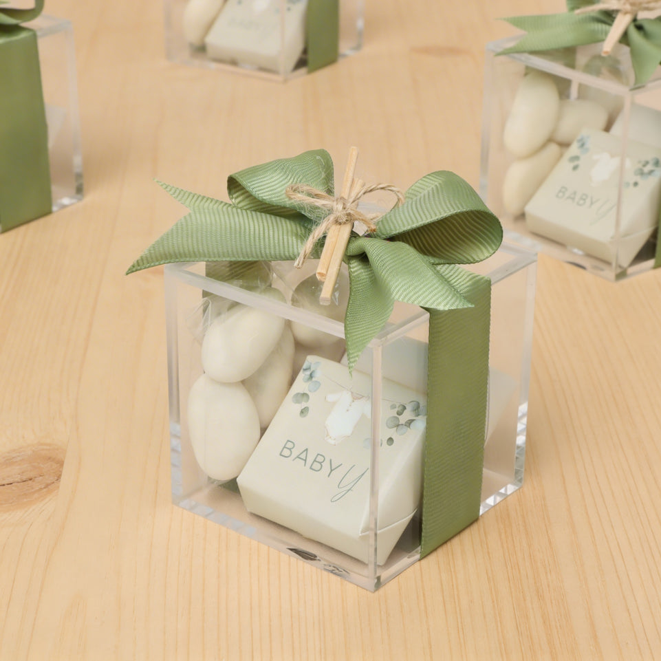 Set of 20 Baby sage green chocolate & almond dragees acrylic box