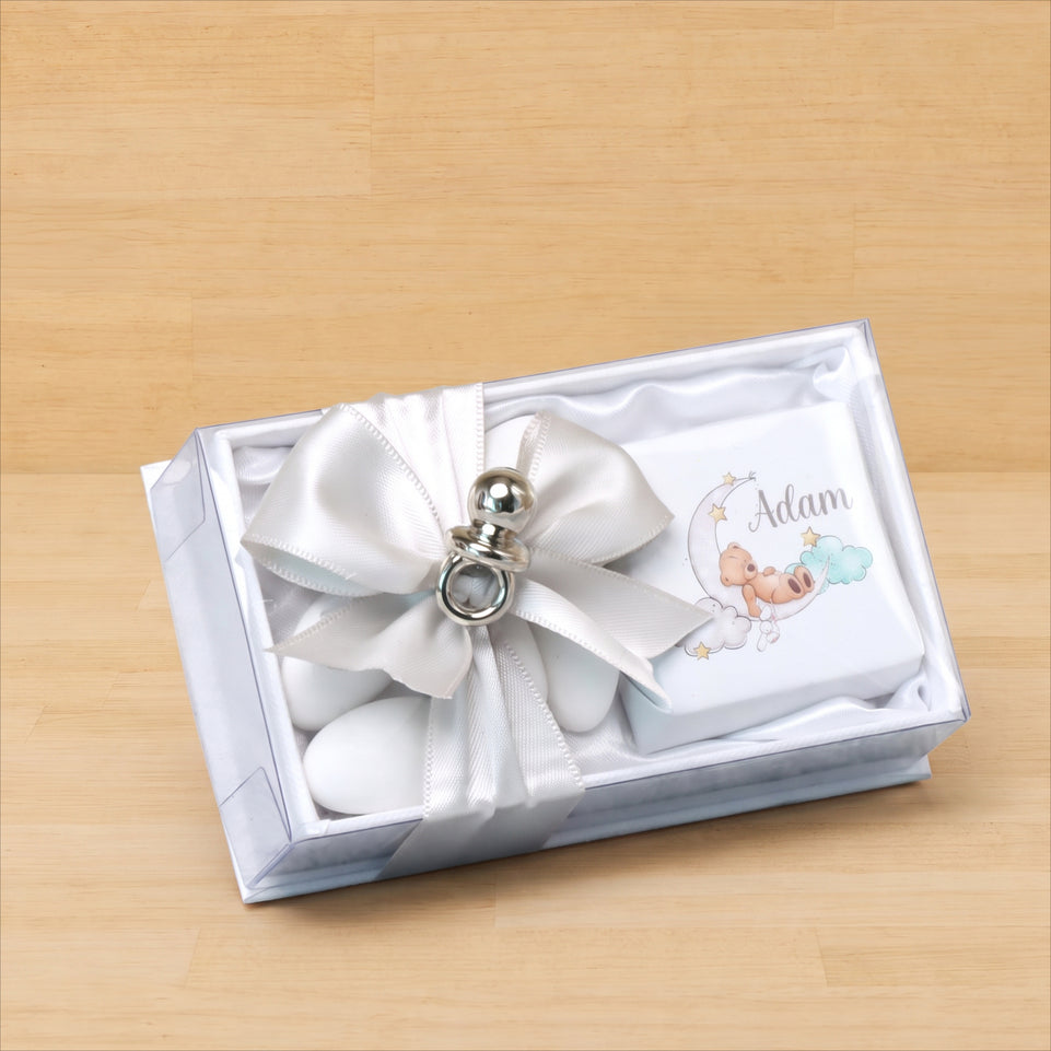 Set of 20 baby boy teddy designed premium chocolate & almond dragees view top box