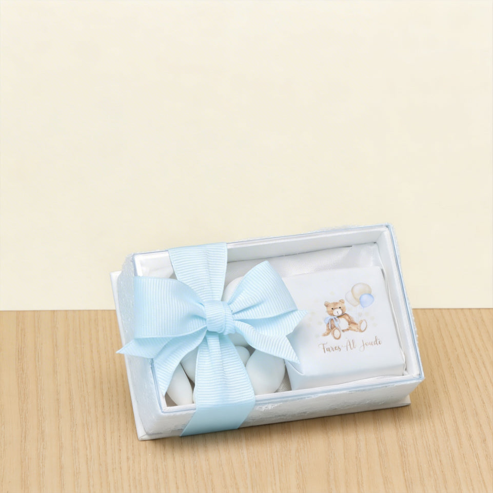 Set of 20 baby boy teddy designed premium chocolate & almond dragees view top box