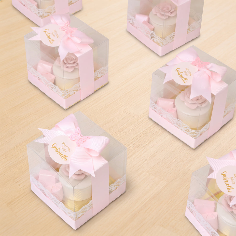 Set of 20 Baby girl Flower ceramic box with premium chocolate clear box giveaway