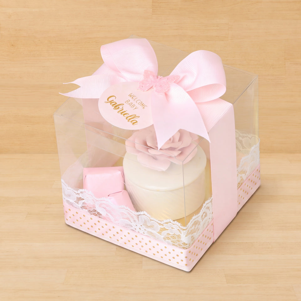 Set of 20 Baby girl Flower ceramic box with premium chocolate clear box giveaway