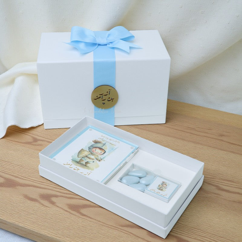 Set of 20 pcs baby boy personalized acrylic frame & chocolate hard box