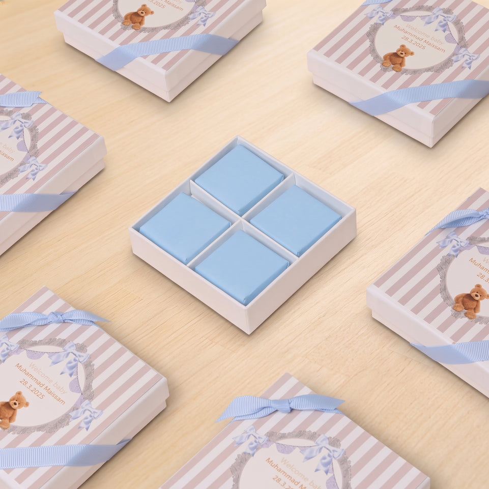 Set of 20 Baby boy teddy theme personalized chocolate hard box