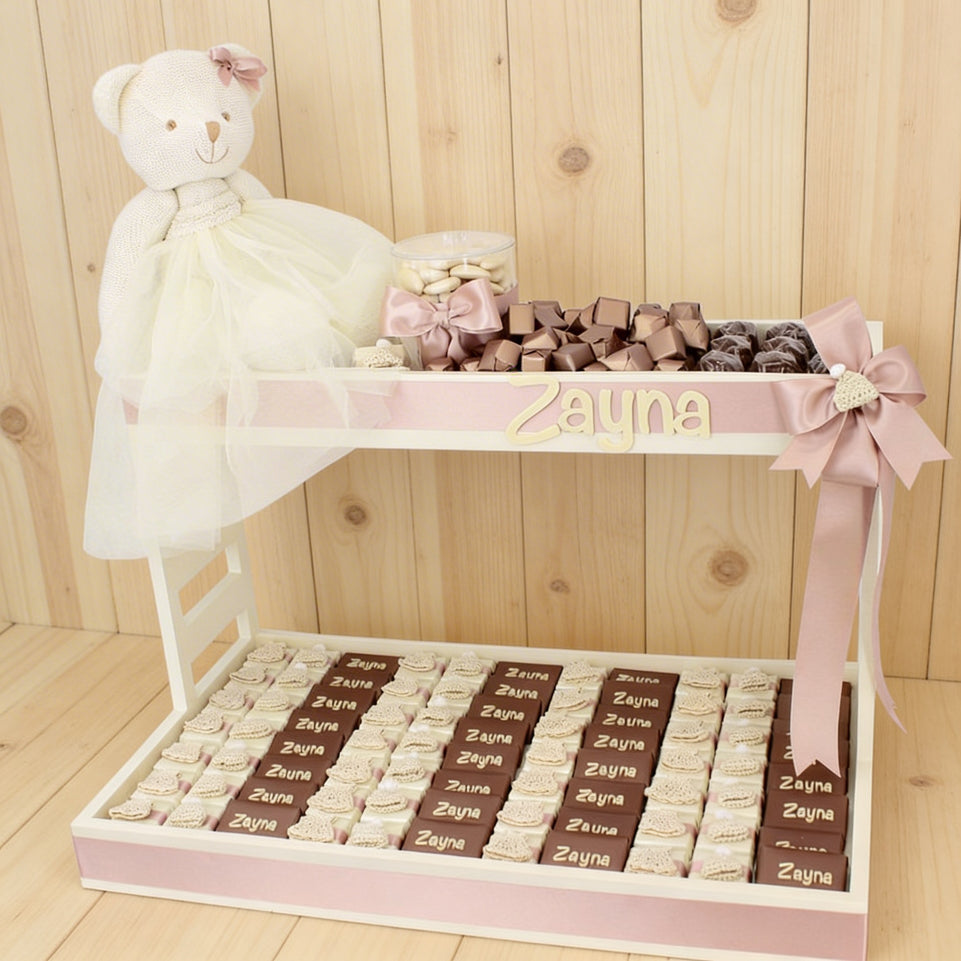 Baby girl personalized acrylic name & crochet decorated chocolate wood tray