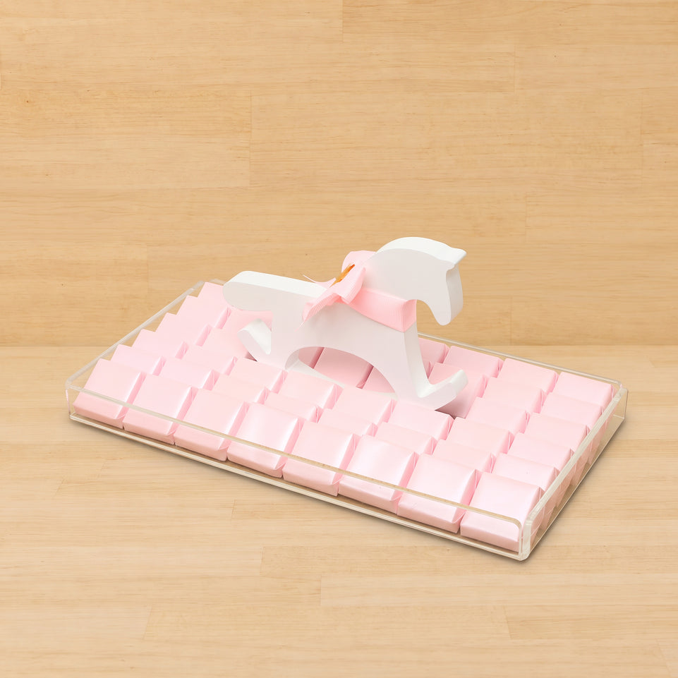 Baby girl chocolate medium acrylic tray with a wooden horse design