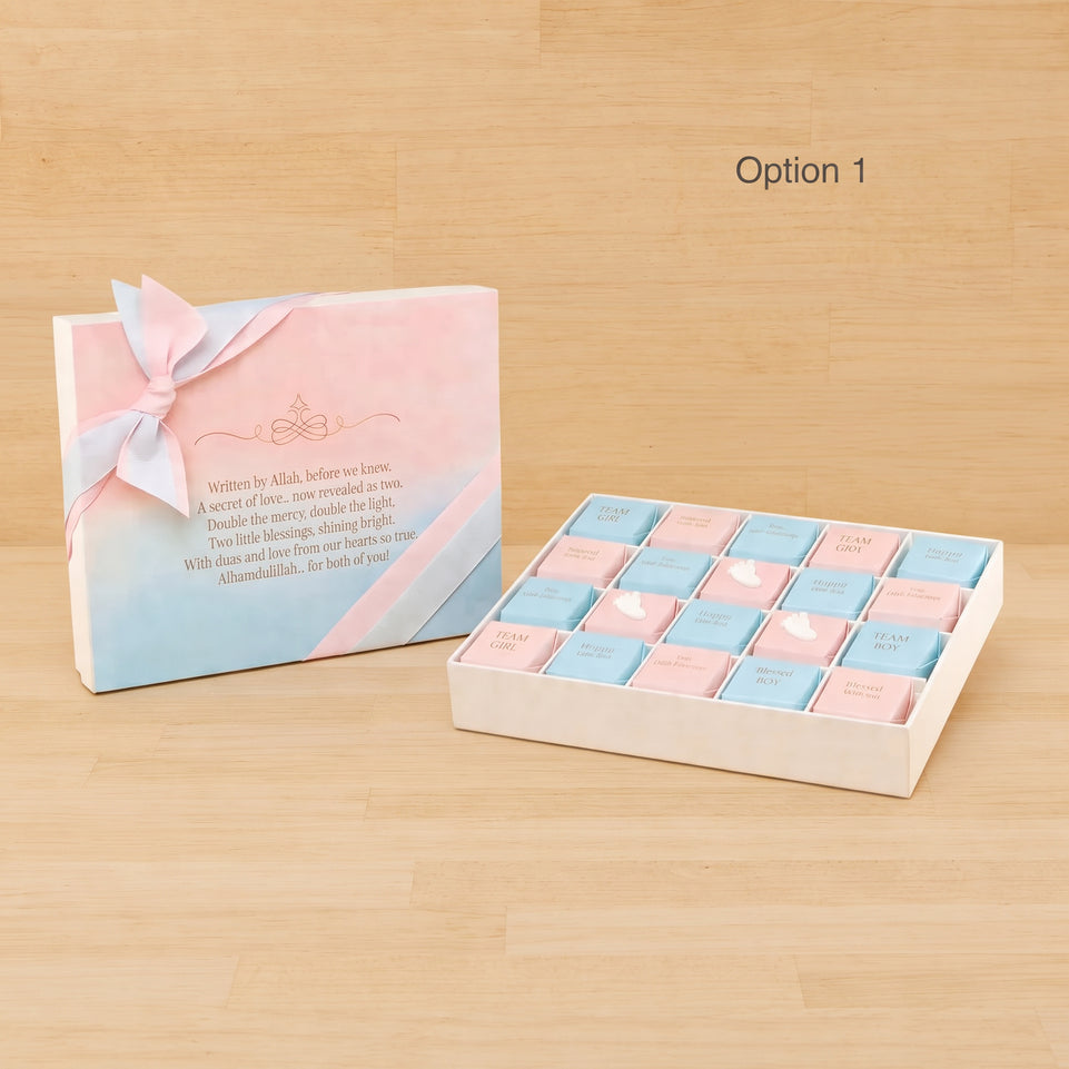 Gender reveal theme personalized chocolates box with ribbon