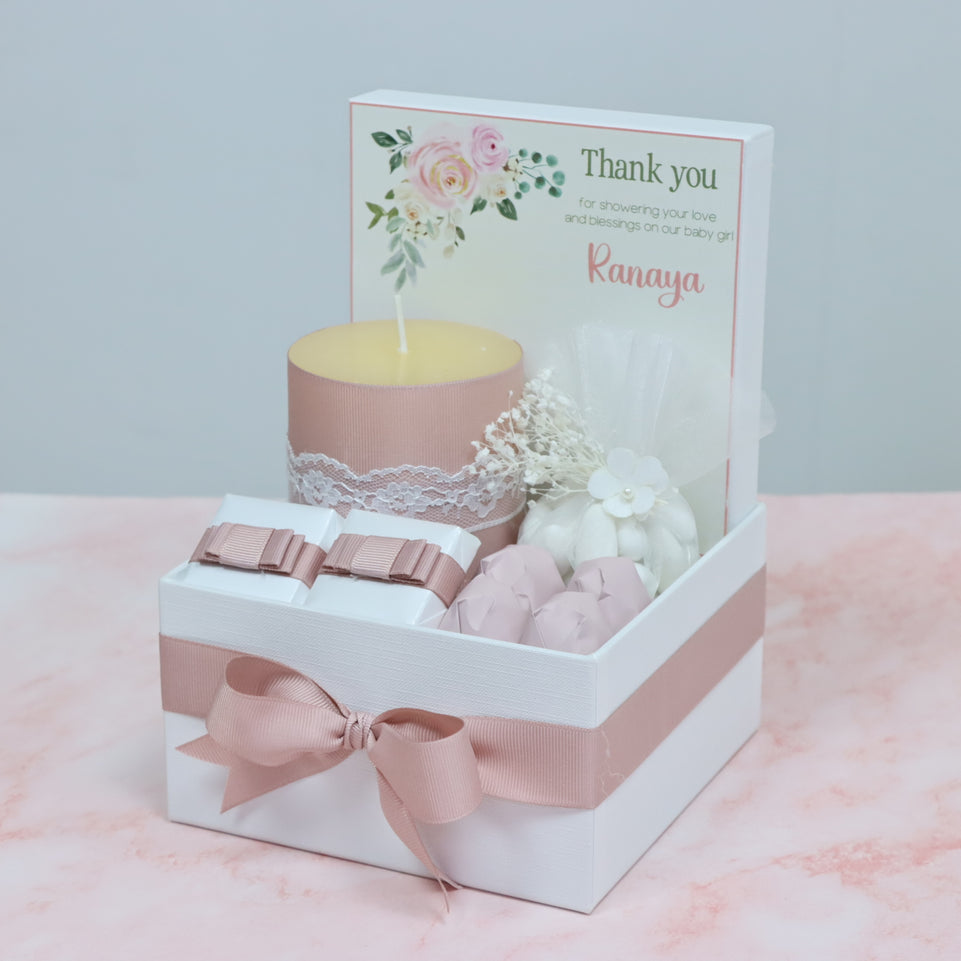 Flower design personalized candle and chocolate small hamper