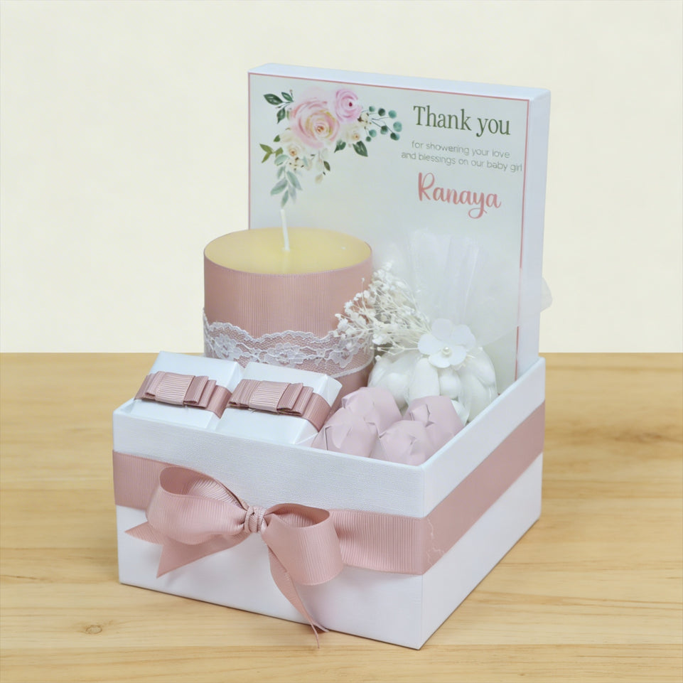 Flower design personalized candle and chocolate small hamper