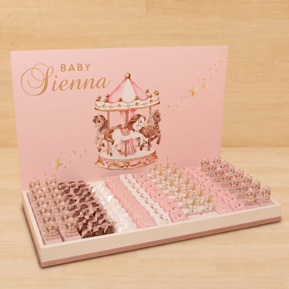 Baby girl carousel theme chocolate large leather tray with acrylic personalized design backdrop.