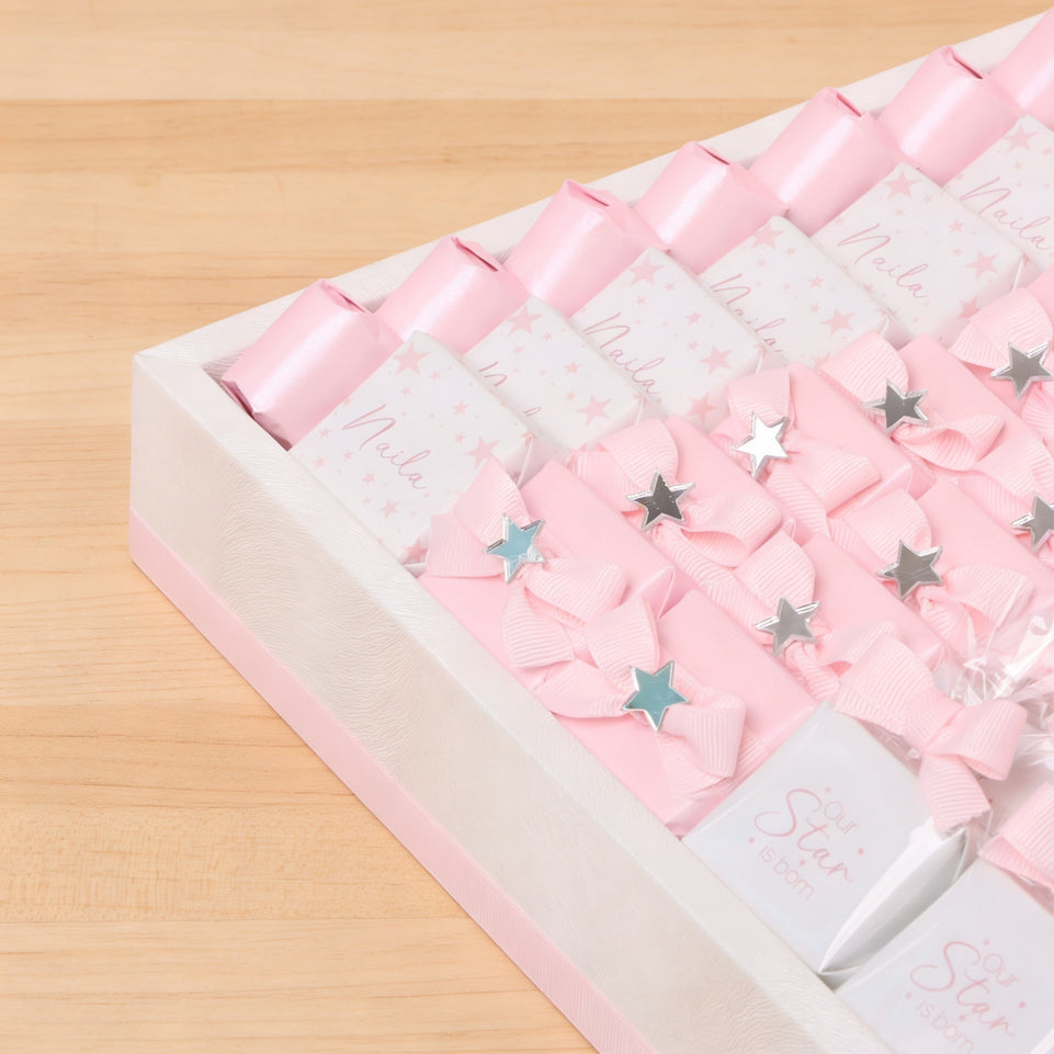 Baby Girl moon star designed chocolate medium leather tray with personalized designed acrylic backdrop.