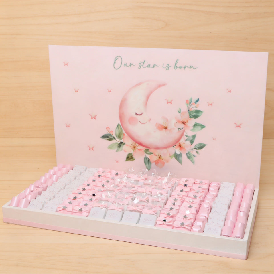 Baby Girl moon star designed chocolate large leather tray with personalized designed acrylic backdrop.