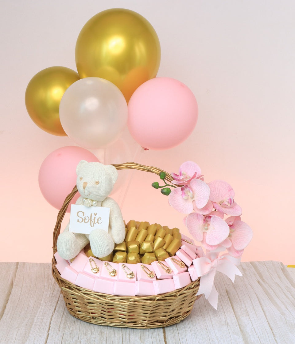 Baby girl teddy designed premium chocolate large basket with balloons