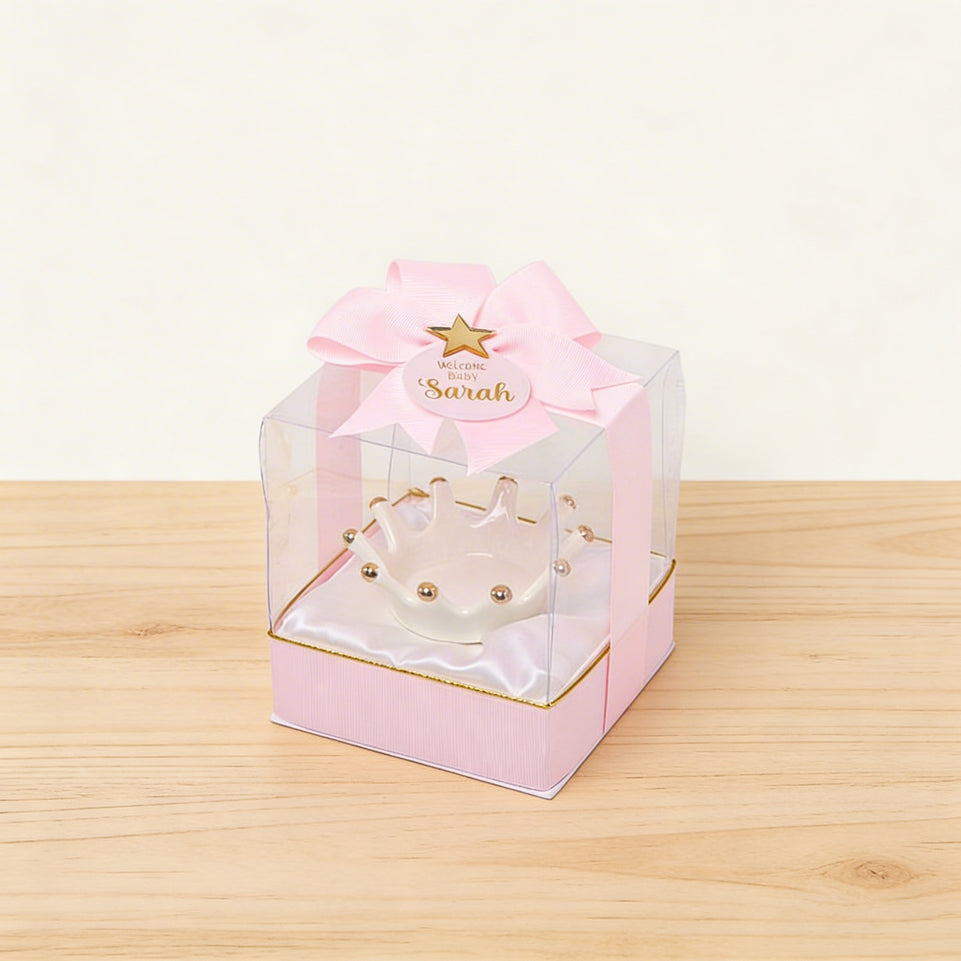 Set of 20 Welcome baby personalized ceramic crown holder clear box