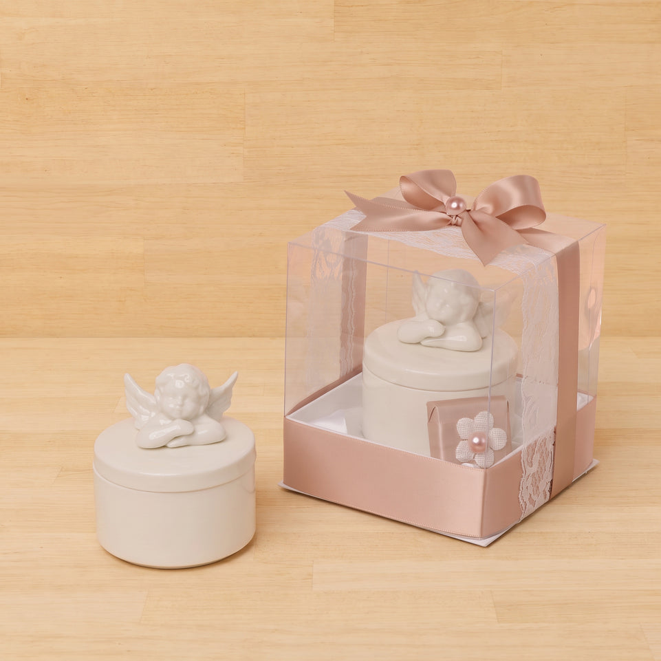 Set of 20 Baby girl ceramic angel trinket decorated chocolate clear box