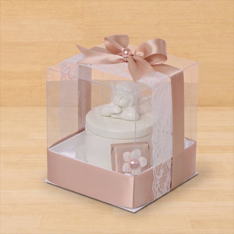 Set of 20 Baby girl ceramic angel trinket decorated chocolate clear box