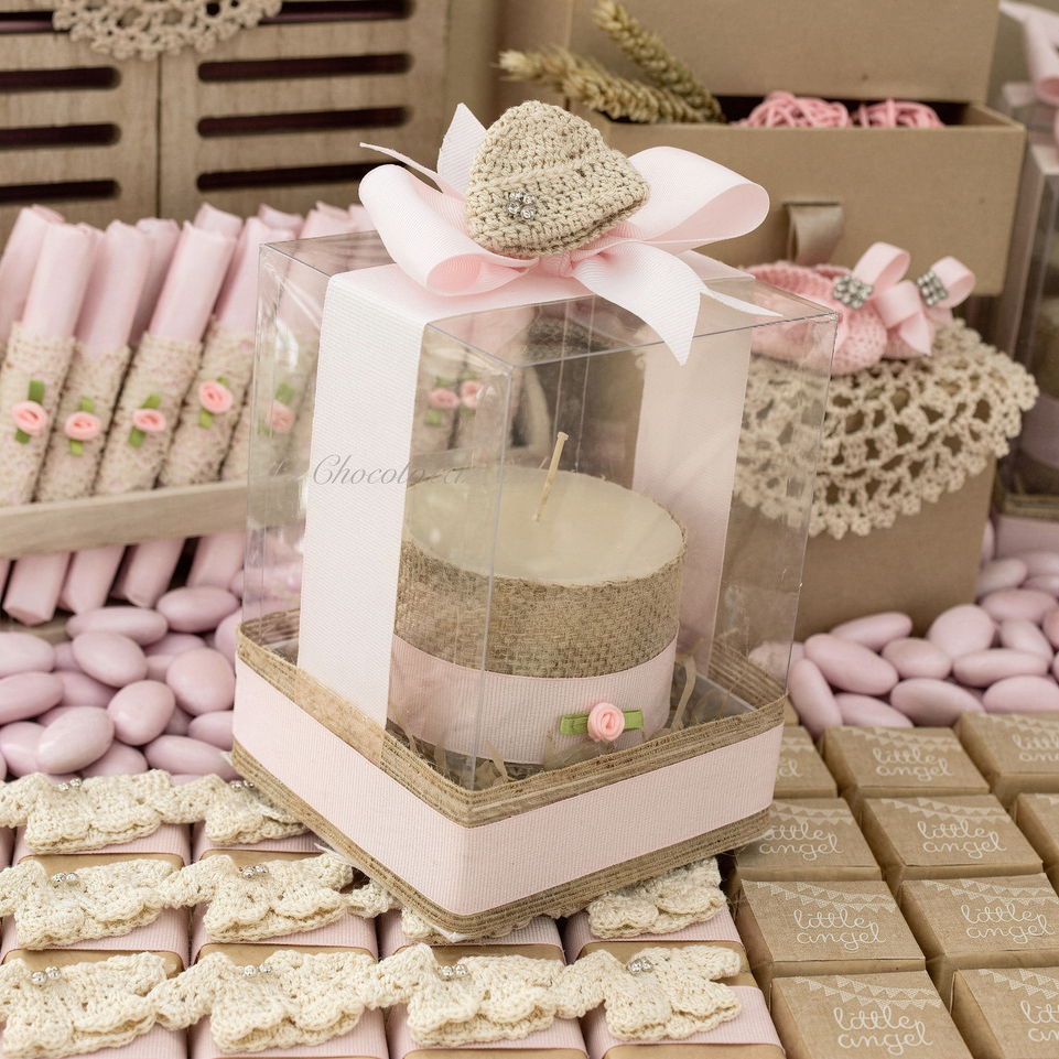 Set of 20 Baby crochet hat decorated candle clear box