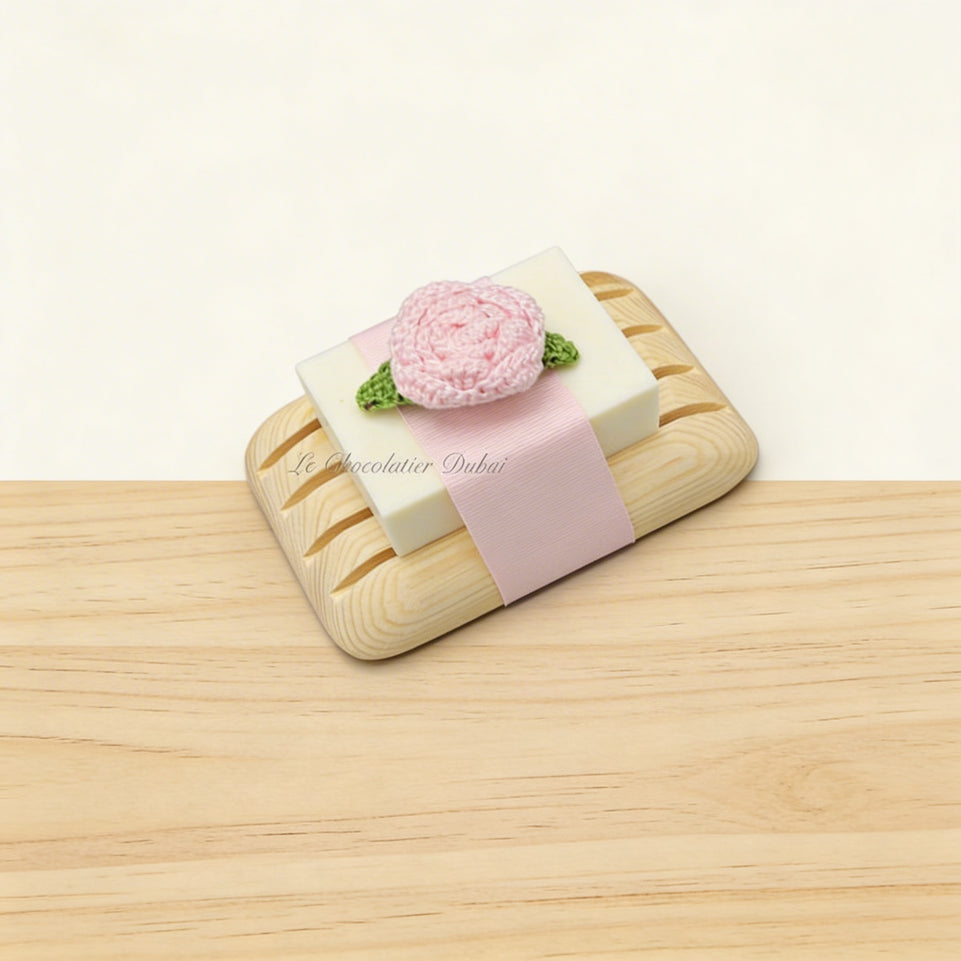 Crochet decorated natural olive oil soap with a pine wood dish
