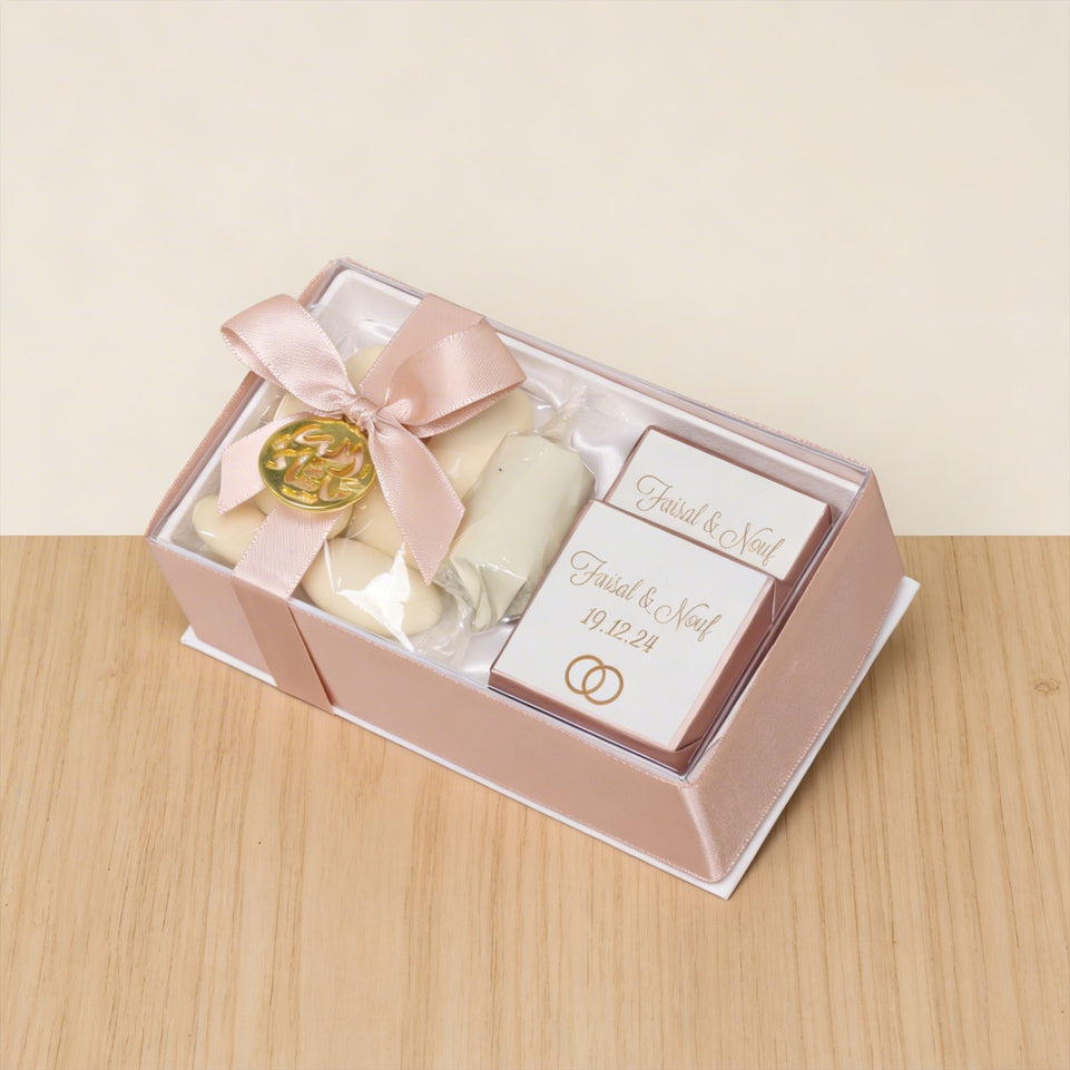 Set of 20 Bridal chocolate and almond dragees view top hard box giveaway