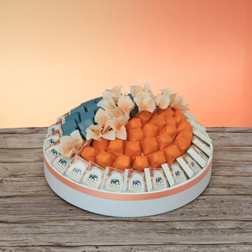 Happy diwali floral elephant designed premium chocolate round leather tray