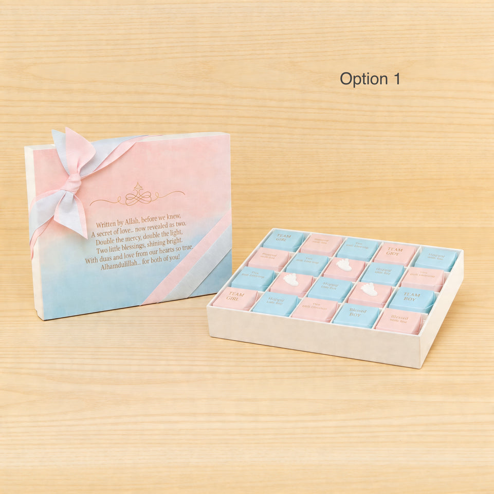 Gender reveal theme personalized chocolates box with ribbon